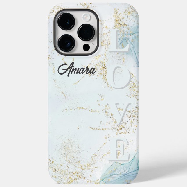 Personalisierter hellblauer Marmor Case-Mate iPhone 14 Pro Max Hülle (Rückseite)