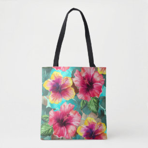 personalisierter, heller und farbenfroher Hibiskus Tasche