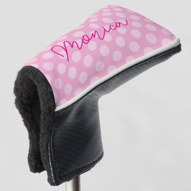 Personalisierter hellrosa Polka Dot Golf Headcover (3/4 Vorderseite)
