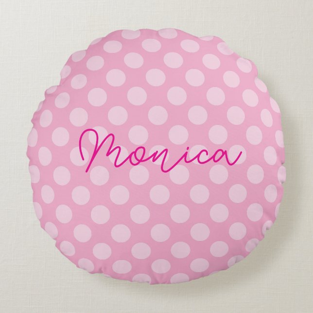 Personalisierter hellrosa Polka Dot Rundes Kissen (Vorderseite)
