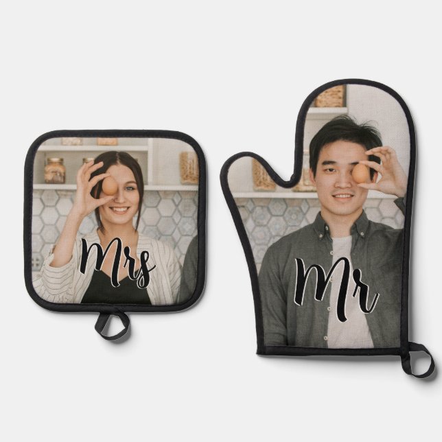 Personalisierter Herr und Frau Foto Ofenhandschuh & Topflappen-Set (Vorderseite)