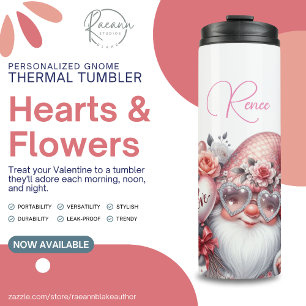 Personalisierter Herzen & Blumen Gnom Thermosbecher