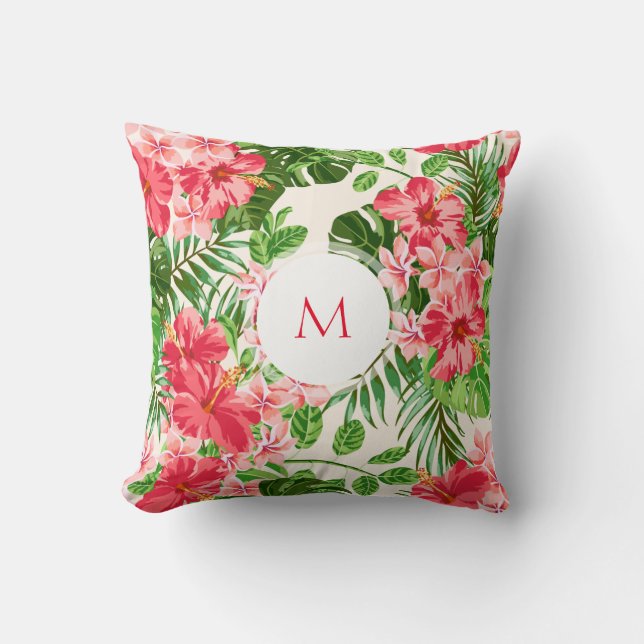 Personalisierter Hibisken Blume Monogramm Pilz Kissen (Vorderseite)