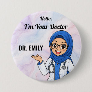 Personalisierter Hijab-Arzt mit Brille Namensbutto Button