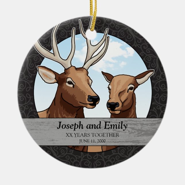 Personalisierter Hochzeits-Jahrestag, Elch-Paar Keramik Ornament (Vorne)