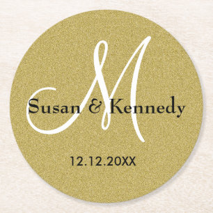 Personalisierter Hochzeits-Monogramm-GoldGlitzer Runder Pappuntersetzer