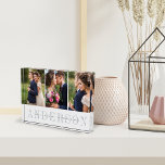 Personalisierter Hochzeitsfotostapel Fotoblock<br><div class="desc">Eleganter Hochzeitskollage-Block mit drei beliebten Hochzeitsfeiern,  die nebeneinander angeordnet sind. Das Foto ist mit einem Foto versehen. Ihr Familienname oder Familienname erscheint unter schick grau mit Ihren Namen und das Hochzeitdatum wird auf einem transparenten weißen Streifen überlagert.</div>