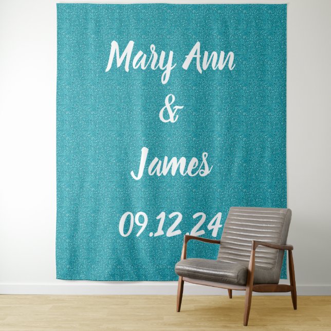 Personalisierter Hochzeitshintergrund Aquamarin gr Wandteppich (Beispiel)