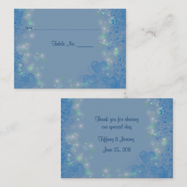 Personalisierter Hochzeitstisch mit blauen Herzen Platzkarte (Vorne/Hinten)