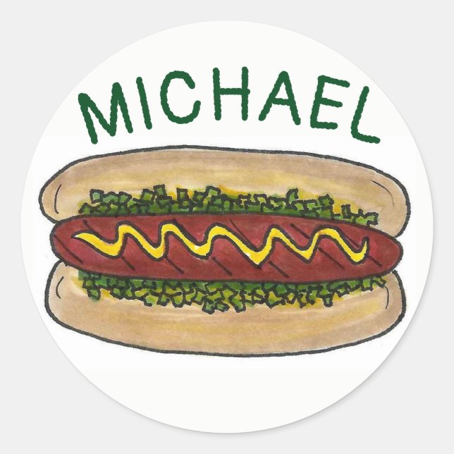 Personalisierter Hot Dog mit/Relish Senf Junk Food Runder Aufkleber (Vorderseite)