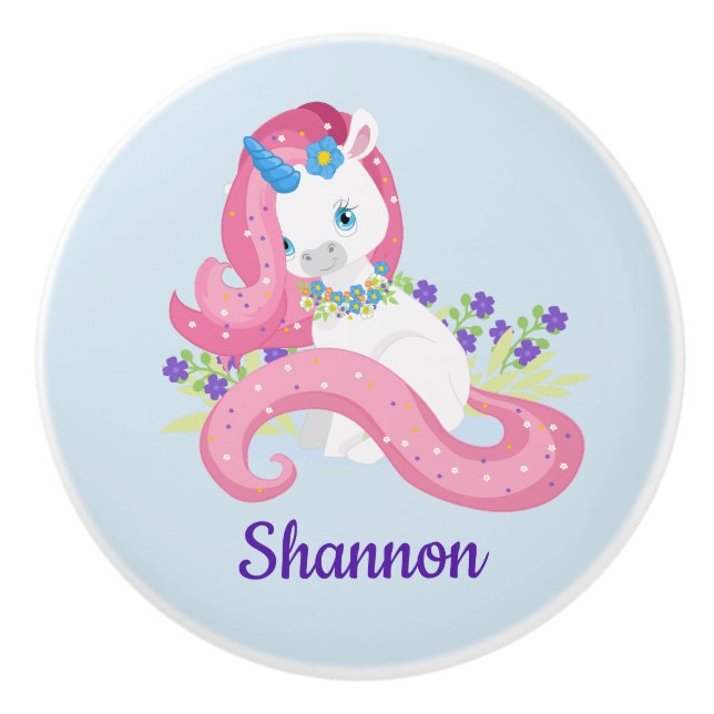 Personalisierter Hübscher Einhorn Rosa Lila Kinder Keramikknauf (Vorderseite)