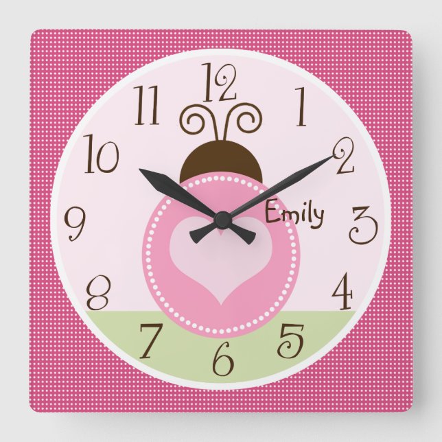 Personalisierter Hübscher Ladybug mit Punktzeitanz Quadratische Wanduhr (Vorderseite)