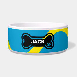 Personalisierter Hund, blau und gelb Napf