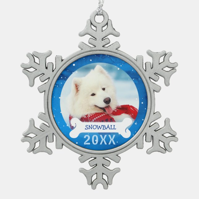 Personalisierter Hund verziert | Foto-Weihnachten Schneeflocken Zinn-Ornament (Vorderseite)
