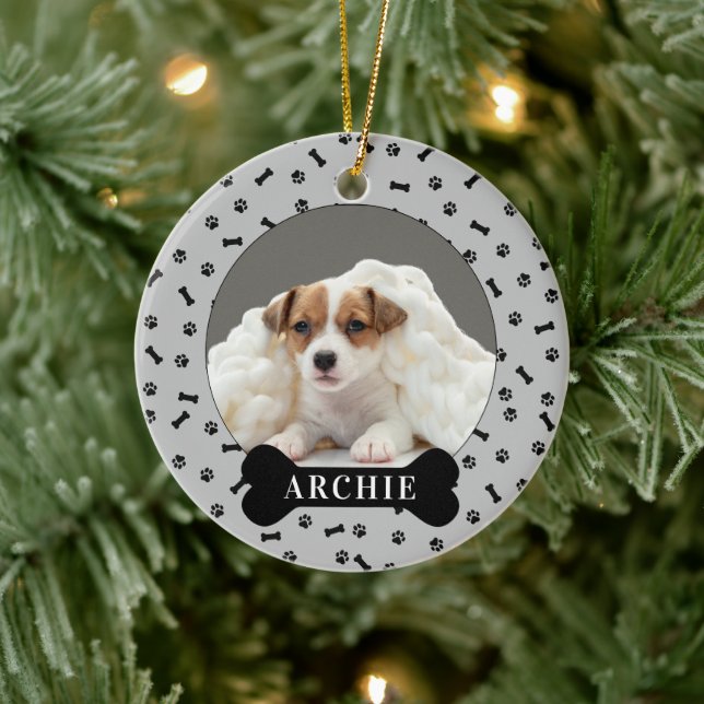 Personalisierter Hundeblock & Pawprint Foto Hausti Keramik Ornament (Baum)