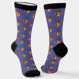 Personalisierter Hundefoto Kopf Herzstück auf blau Socken