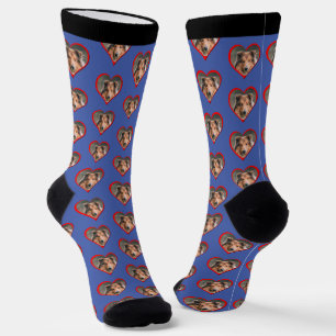 Personalisierter Hundefoto Kopf Herzstück auf blau Socken