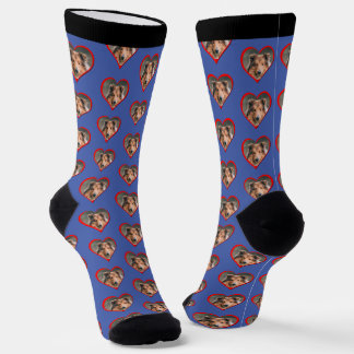 Personalisierter Hundefoto Kopf Herzstück auf blau Socken