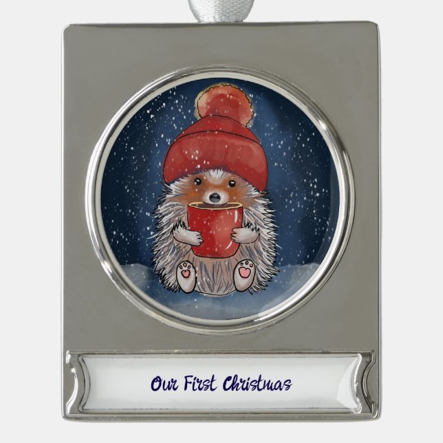 Personalisierter Igel mit heißem Getränk Banner-Ornament Silber (Vorderseite)