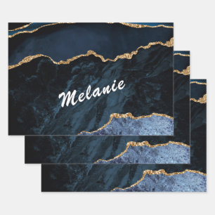 Personalisierter Individuelle Name Navy Blue Gold  Geschenkpapier Set
