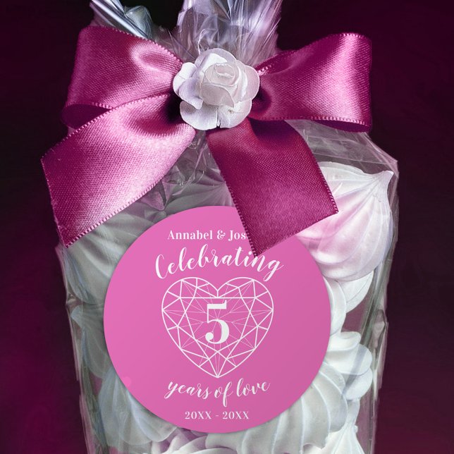 Personalisierter Jahrestag 5 Jahre rosa Turmalin Runder Aufkleber (Von Creator hochgeladen)