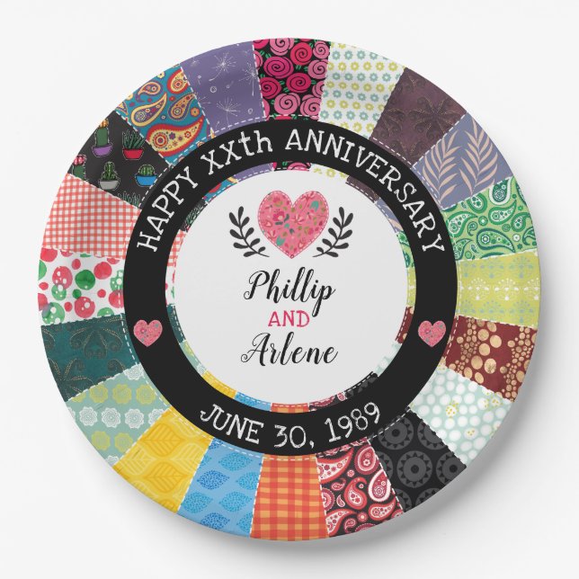 Personalisierter Jahrestag, Patchwork-Quilt-Muster Pappteller (Vorderseite)