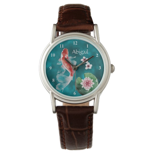 Personalisierter japanischer Koi-Fisch, Kirschblüt Armbanduhr (Vorderseite)