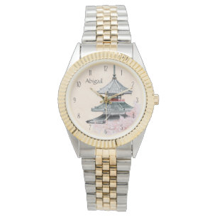 Personalisierter japanischer Tempel Cherry blüht J Armbanduhr