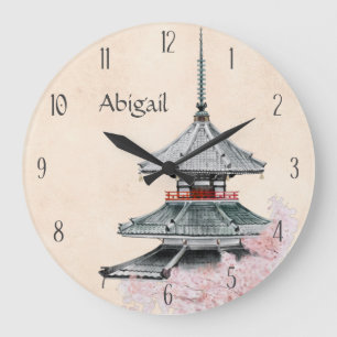 Personalisierter japanischer Tempel Cherry blüht J Große Wanduhr