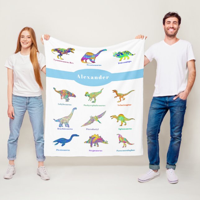 Personalisierter Jungenname Farbige Dinosaurier Bl Fleecedecke (Beispiel)