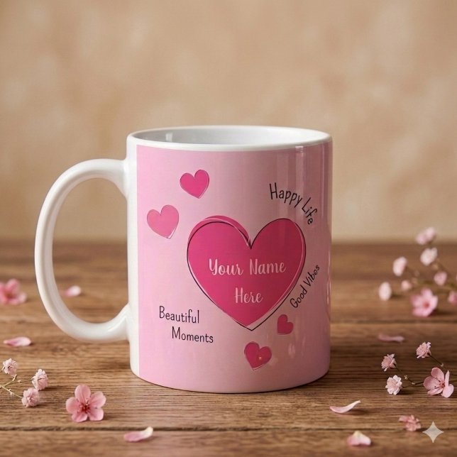 Personalisierter Kaffee-Mug mit rosa Herzen Kaffeetasse (Pink ceramic mug with pink hearts and customizable texts.)