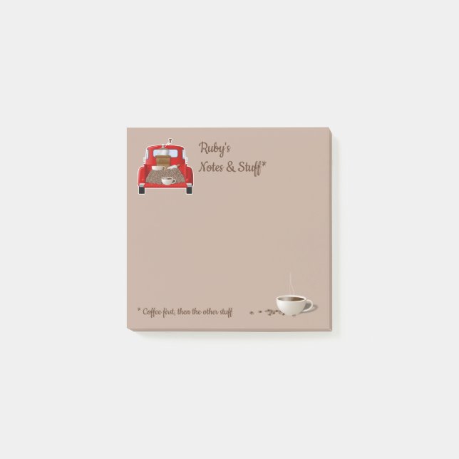 Personalisierter Kaffee und kleiner roter Lkw Post-it Klebezettel (Vorderseite)
