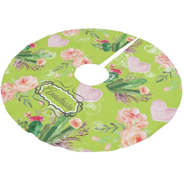 Personalisierter Kaktus mit floraler Wasserfarbe Polyester Weihnachtsbaumdecke (Schrägansicht)