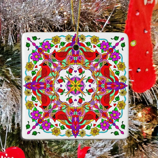 Personalisierter Kardinal und Blume Mandala Keramikornament (Von Creator hochgeladen)