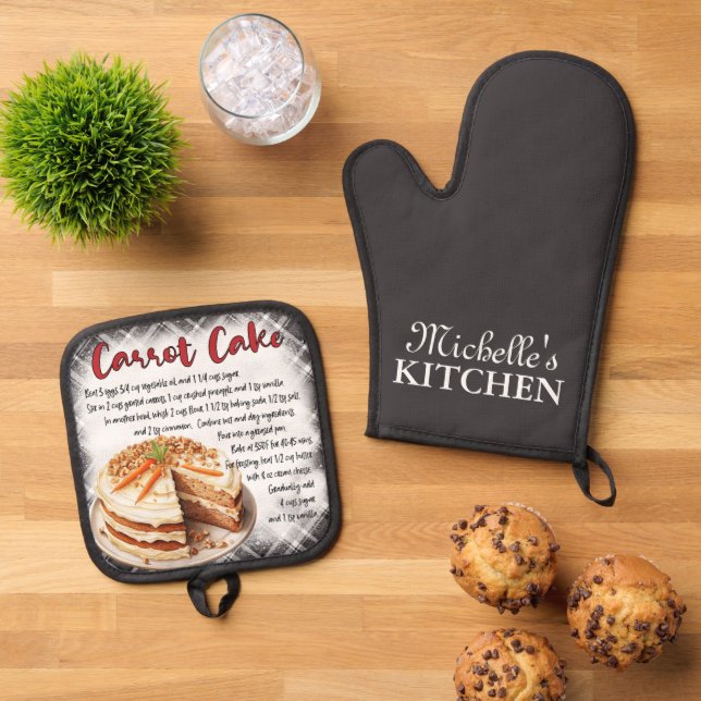 Personalisierter Karottenkuchen Backrezeptur Ofenhandschuh & Topflappen-Set (Oben Unten)