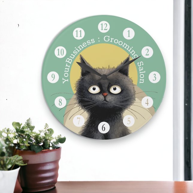 Personalisierter Katzenbausaal Große Wanduhr (Personalized Cat Grooming Salon Large Clock from Ricaso. Purrfect for pet salon, cat boarder, etc)