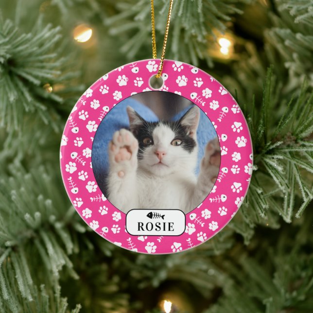 Personalisierter Katzenfisch Knochen und Pawprint  Keramik Ornament (Baum)