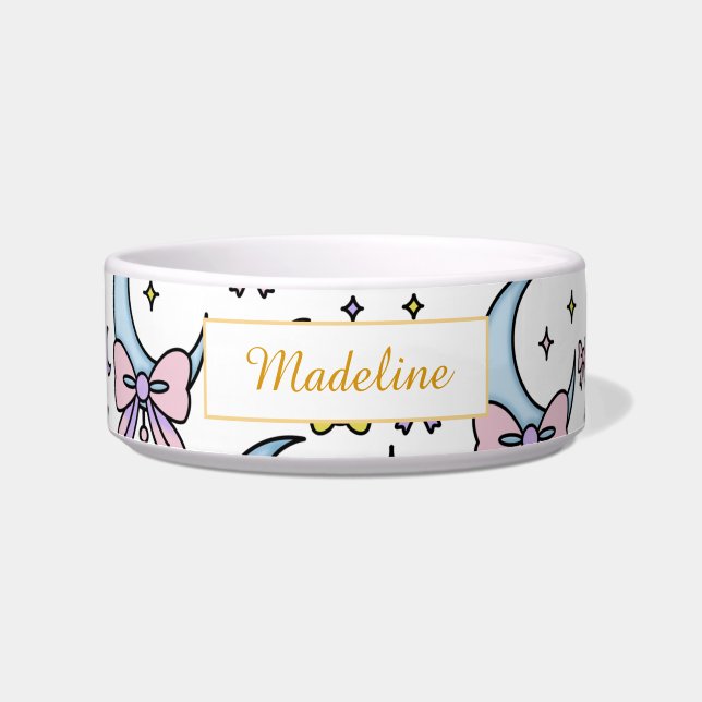 Personalisierter Katzenname Mond Bögen Weiße Schüs Napf (Vorderseite)