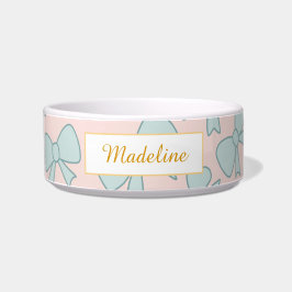 Personalisierter Katzenname Pastellblaue Schleife  Napf