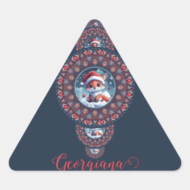 Personalisierter Kawaii Fox Ornamental Mandala Dreieckiger Aufkleber (Vorderseite)