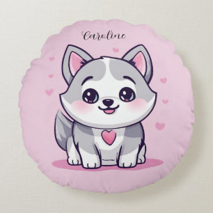 Personalisierter Kawaii Husky Welpe Rosa Rundes Kissen