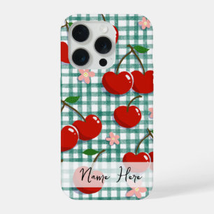 Personalisierter Kirsche auf grünem Gingham Handyh iPhone 15 Pro Hülle