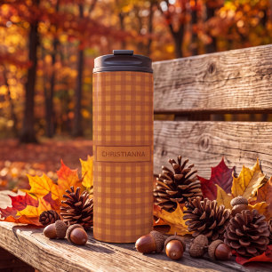 Personalisierter Klassischer Kürbis Herbst Gingham Thermosbecher