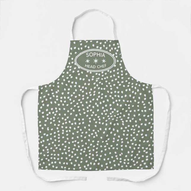 Personalisierter Koch Moderner Boho grün Polka Dot Schürze (Vorderseite)