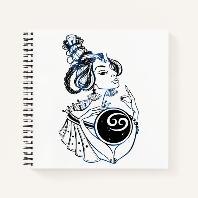 Personalisierter Krebs Zodiac Art Deco Lady Notizbuch (Vorderseite)