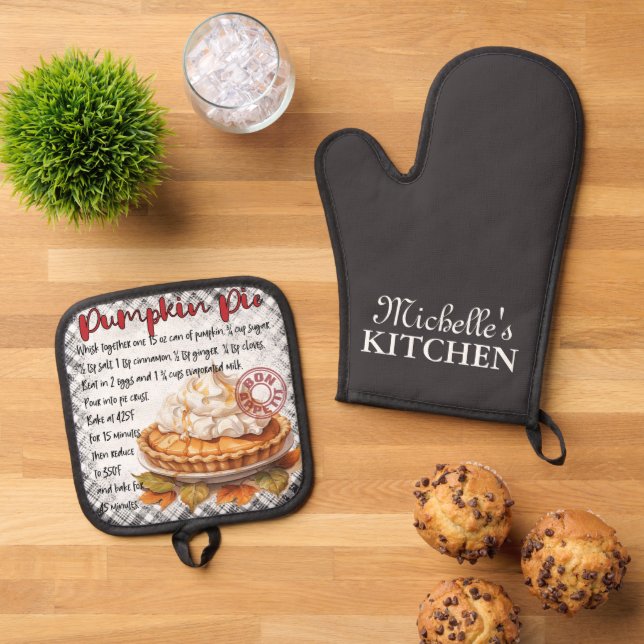 Personalisierter Kürbiskuchen Rezept Ofenhandschuh & Topflappen-Set (Oben Unten)