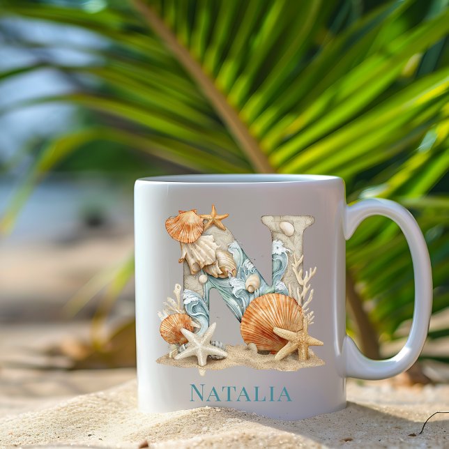 Personalisierter Küstenmonogramm Anfangsbuchstabe  Kaffeetasse (Personalized Coastal Monogram N Initial Beach Coffee Mug)