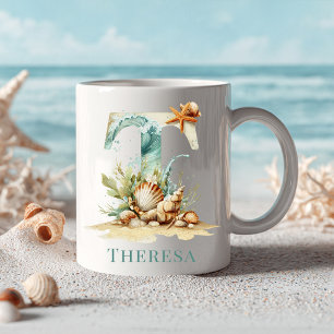 Personalisierter Küstenmonogramm-Initiale T Strand Kaffeetasse
