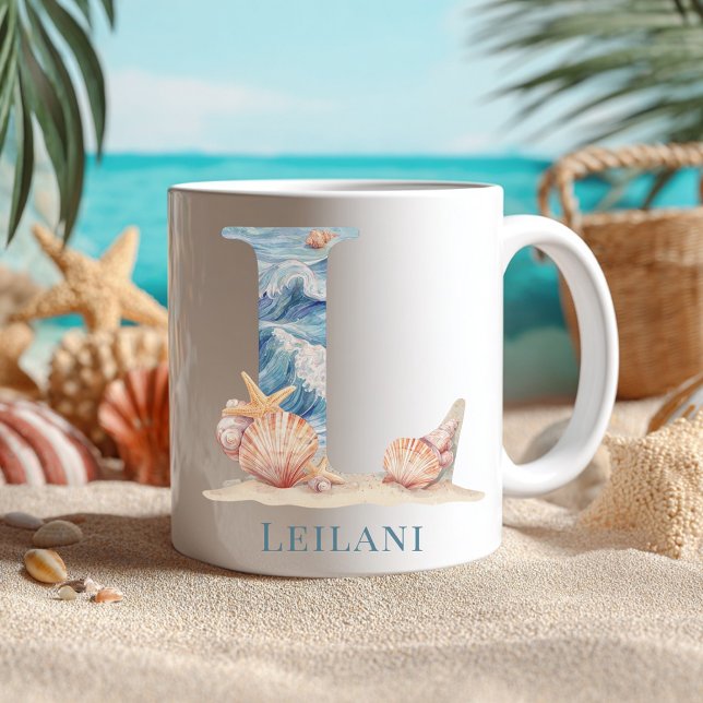 Personalisierter Küstenmonogramm-Initialen-Becher  Kaffeetasse (Personalized Coastal Monogram L Initial Beach Coffee Mug)