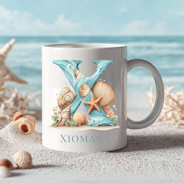 Personalisierter Küstenmonogramm X Anfangsbuchstab Kaffeetasse (Personalized Coastal Monogram X Initial Beach Coffee Mug)